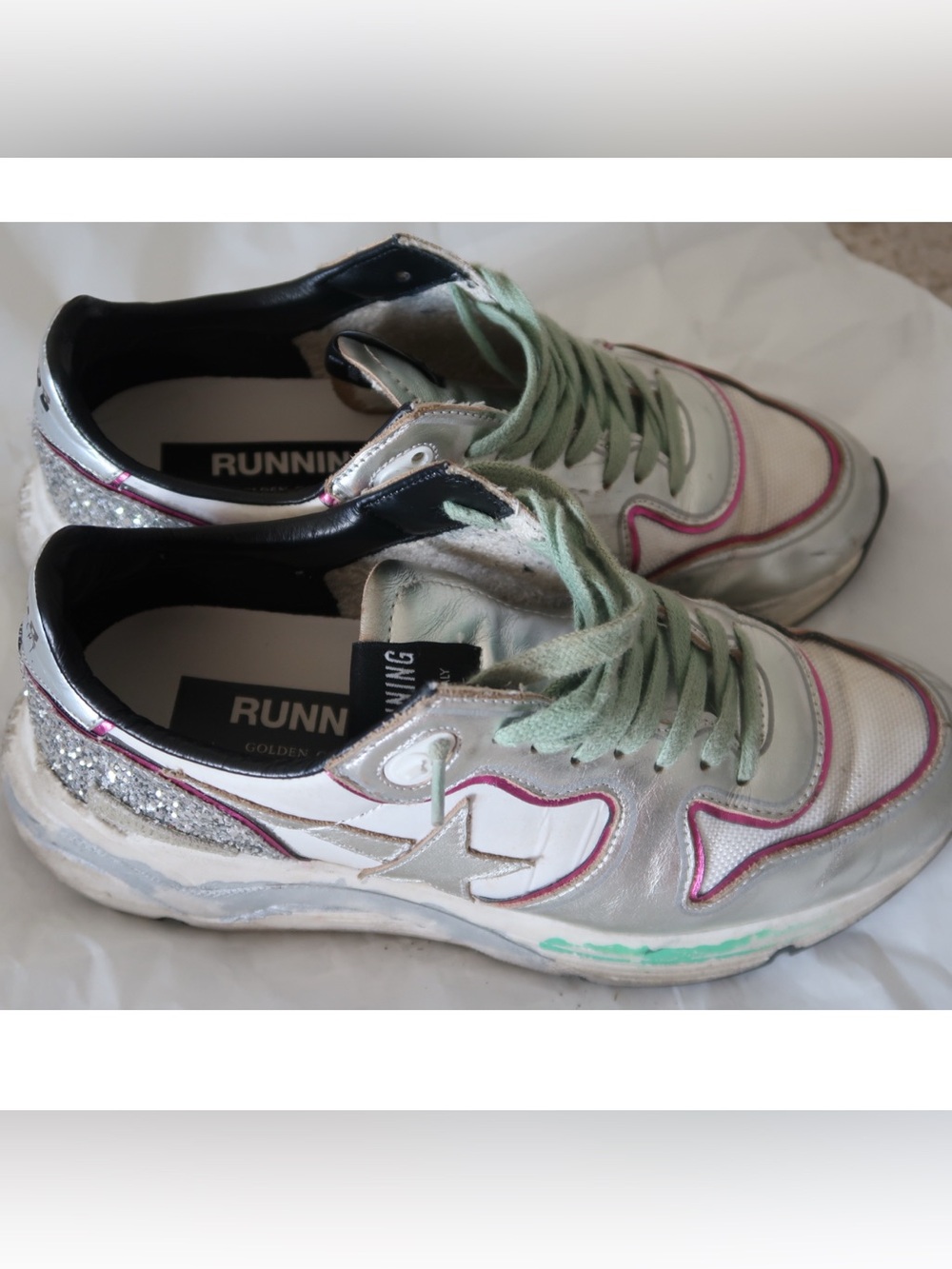 Golden Goose Women's White, Silver & Pink Sneakers with Mint Laces